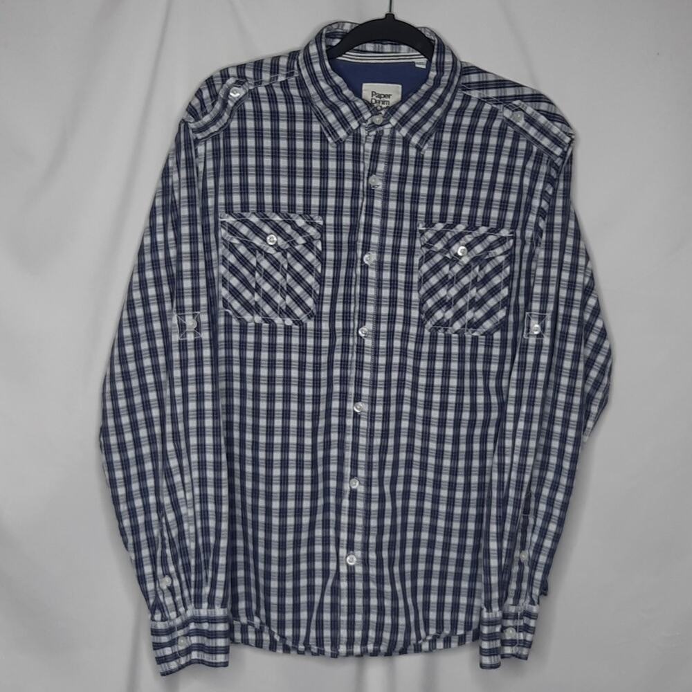 Paper Denim & Cloth Shirt Mens Plaid Roll Tab Sleeve Blue Large
